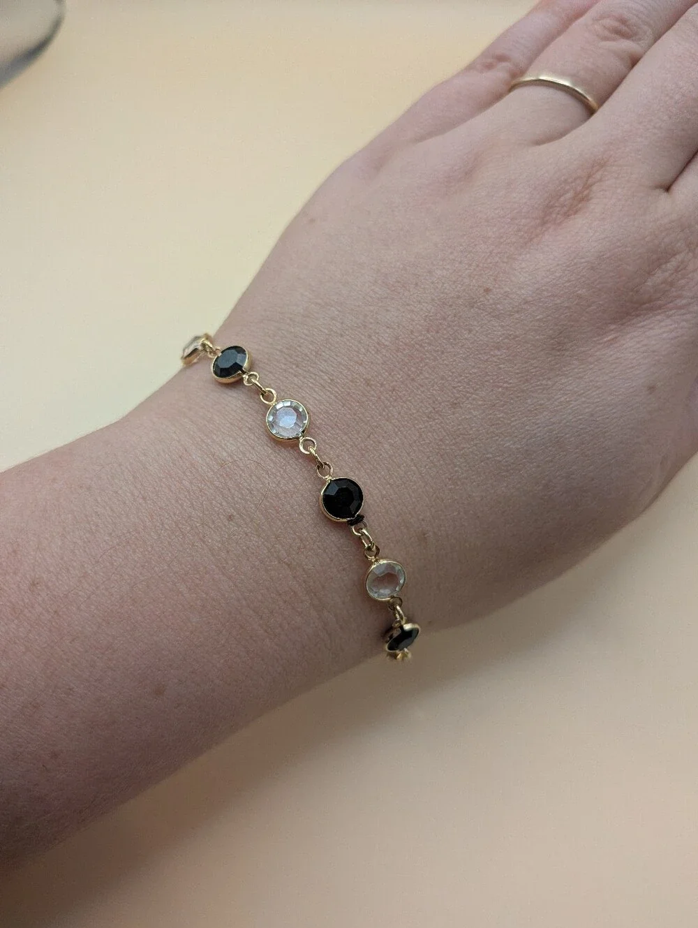 Swarovski Crystal Bezel Chain Bracelet Black and Clear Stones Adjustable Size